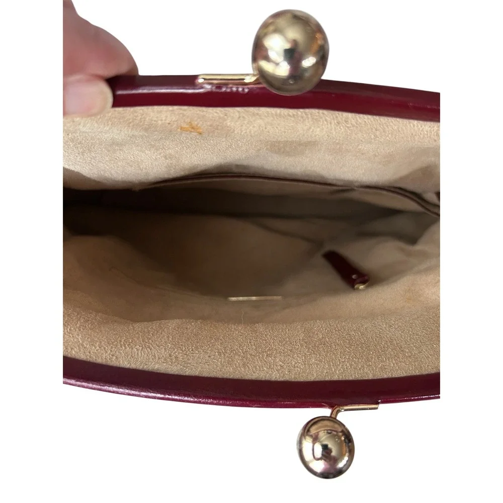 Charles David Burgundy Patent Leather Large Kiss Lock Frame Clutch Chain Bag Y2K